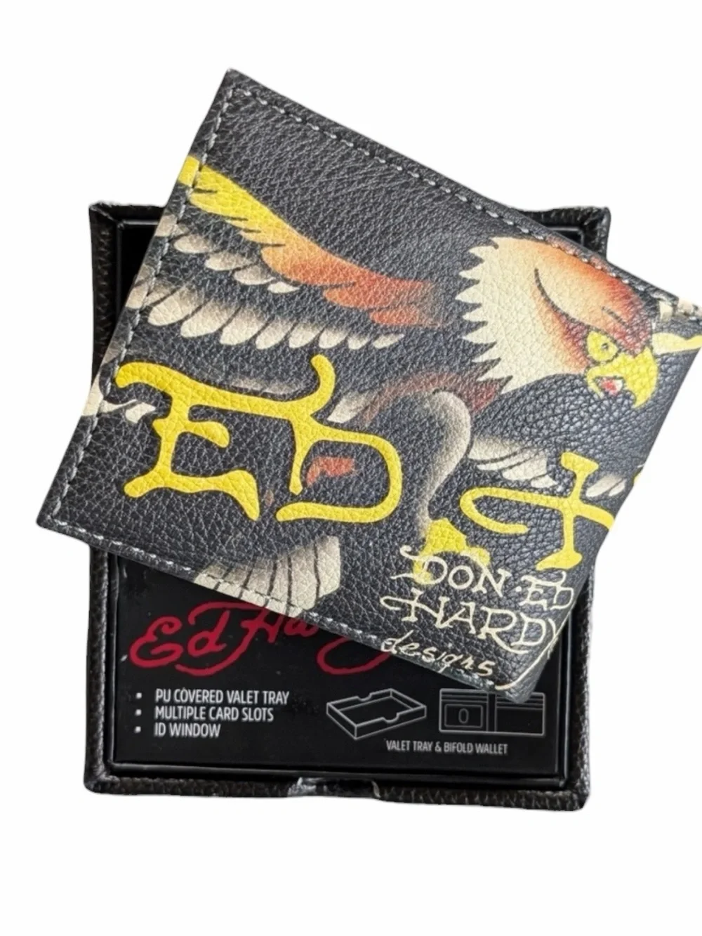 Ed Hardy Wallet Black Bifold Eagle Vegan Leather Logo‎ Streetwear vallet case